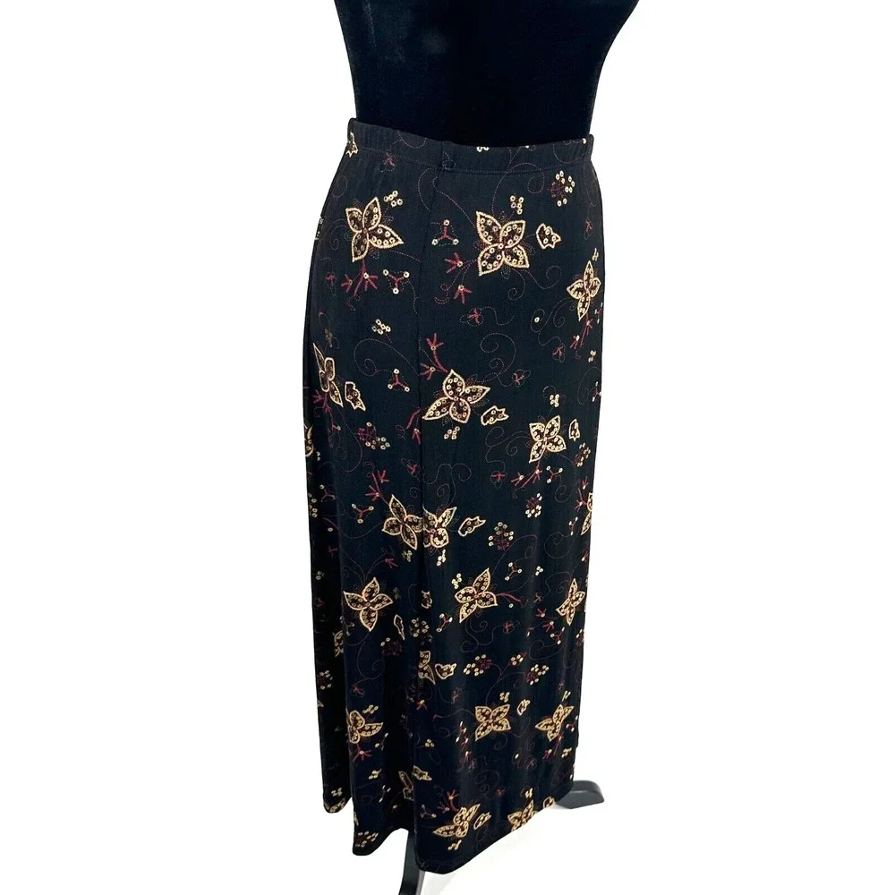 Christopher & Banks Womens Top Skirt Set Large Black Metallic Floral Travel Knit_12